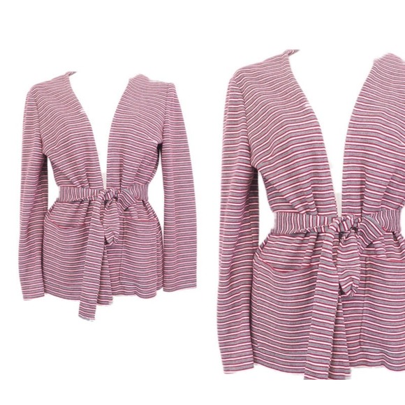 70s Vintage Cardigan Jacket Red and Gray Striped With Matching Belt Size Medium - Picture 8 of 9